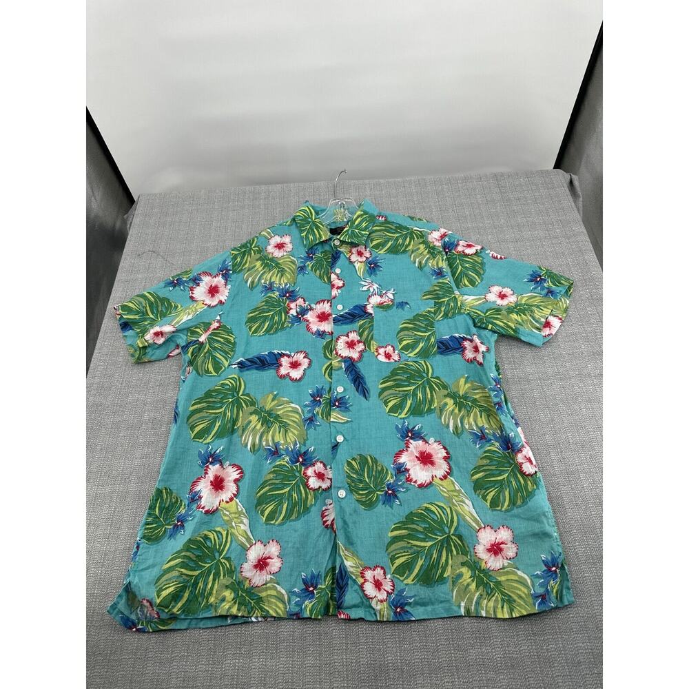 Club Room Hawaiian Shirt XL 100% Linen Floral Palm Leaves Aloha Camp Vacation